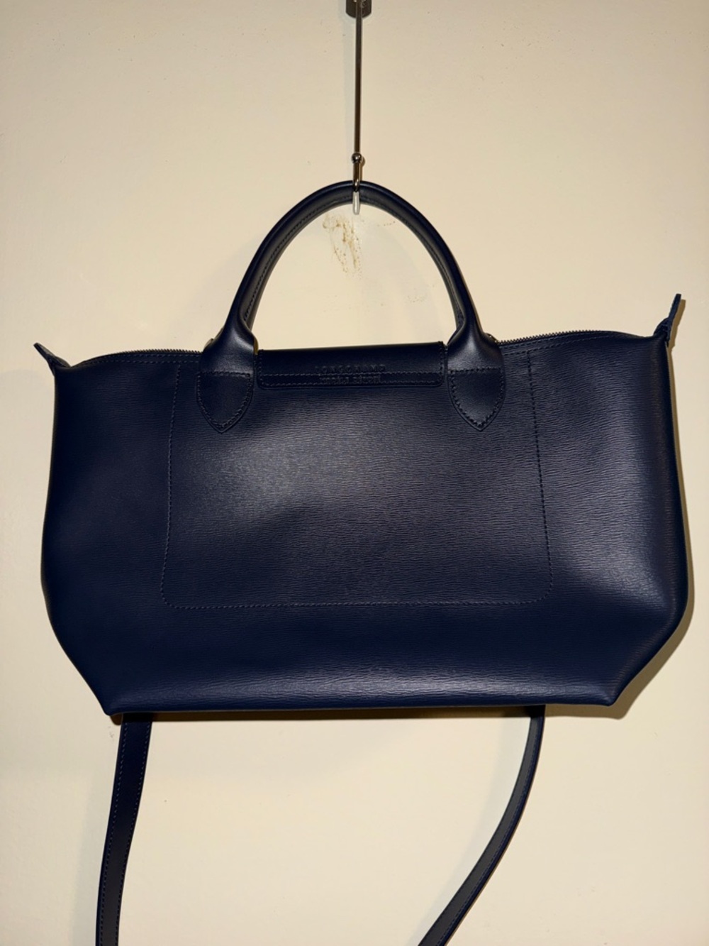 Longchamp Le Pliage City Tote Navy Blue Coated Canvas with Tan Zip Pull - Picture 2 of 5